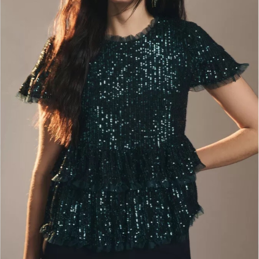 Anthropologie Endless Rose Tiered Sequin Top XS